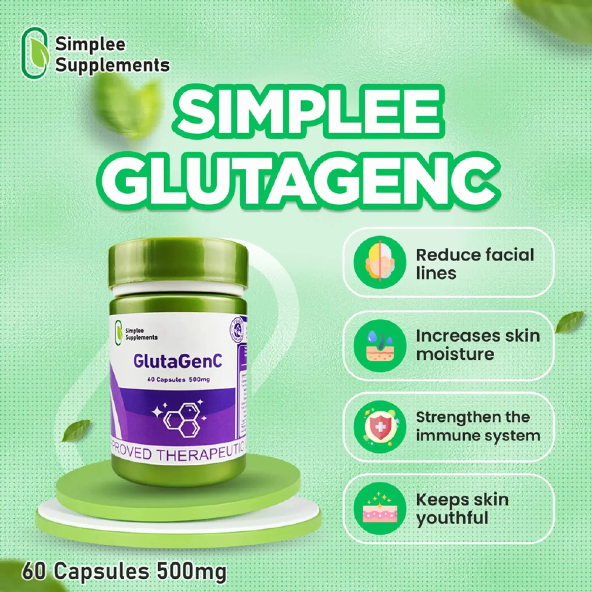 Simplee Supplements GlutaGenC – 500mg Skin Brightening & Antioxidant Simplee Supplements GlutaGenC – 500mg Skin Brightening & Antioxidant