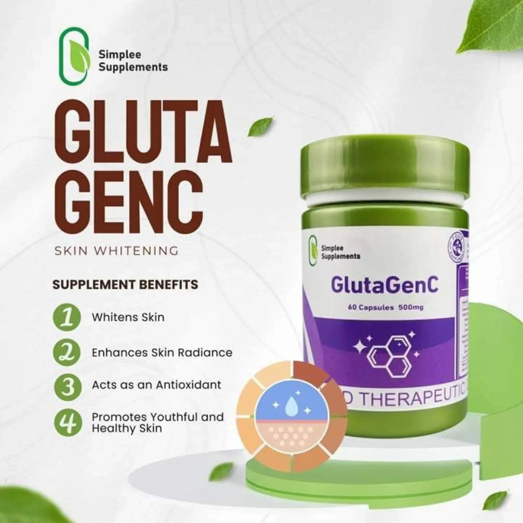 Simplee Supplements GlutaGenC – 500mg Skin Brightening & Antioxidant Simplee Supplements GlutaGenC – 500mg Skin Brightening & Antioxidant