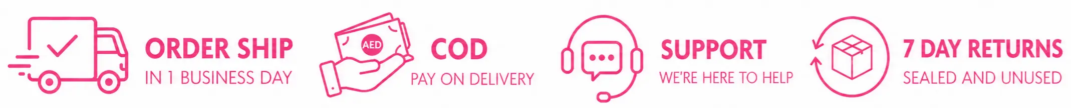 Fast delivery, cash on delivery, support, 7 day returns